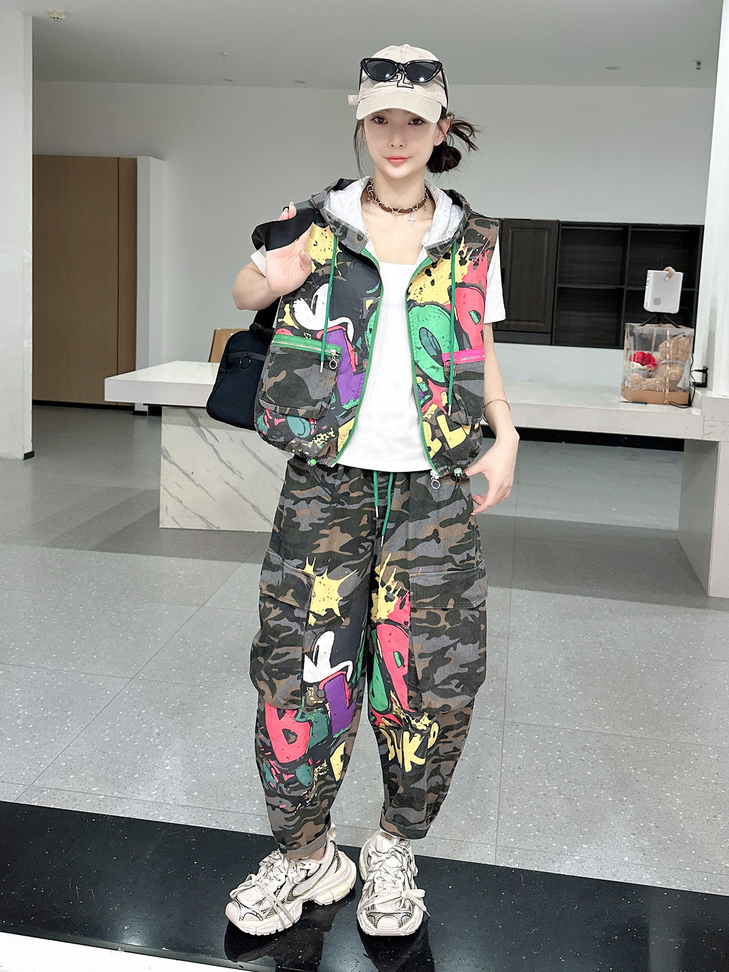 Street Fashion Jacket - Camouflage Vest Two Piece Set Women