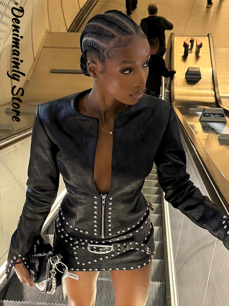 Street Fashion Jacket - Fashion Studded Trim Cropped Zip-Up Jacket