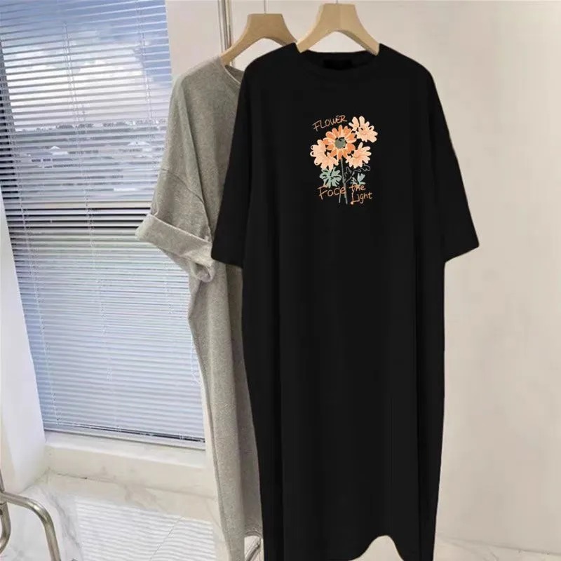 Longline Tee Oversized - Women's Flower Print Oversized T-Shirt Dress