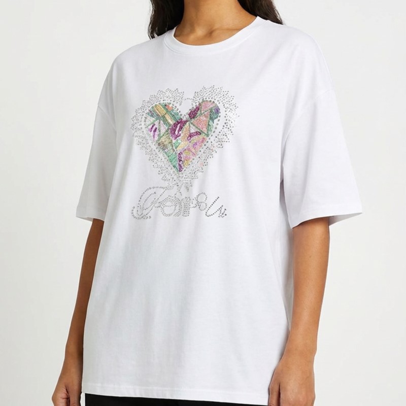Longline Tee Oversized - Women's Butterfly Embroidery Rhinestone T-Shirt Oversized