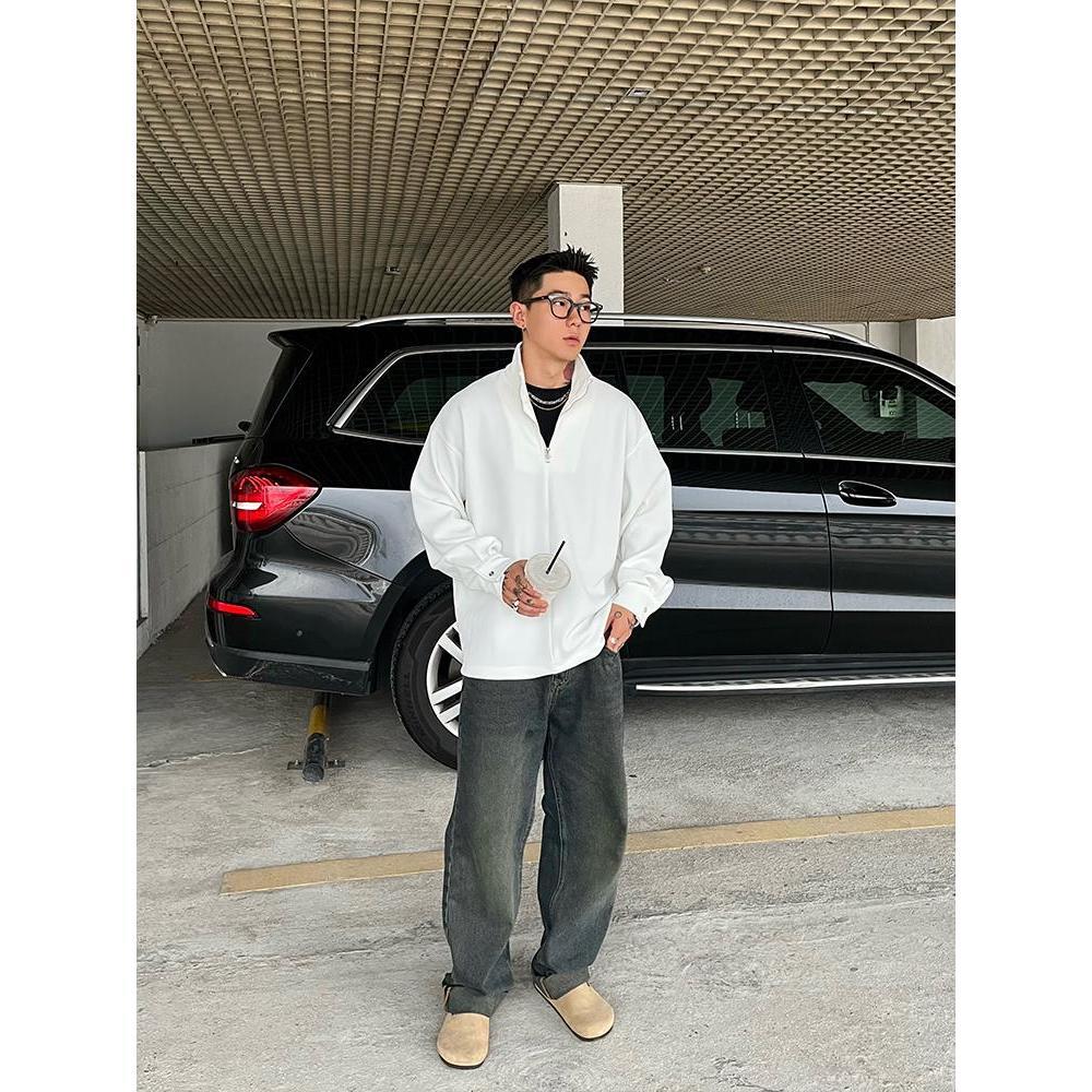 Longline Tee Oversized - Zipper Turtleneck Twill Texture Lines Fashion