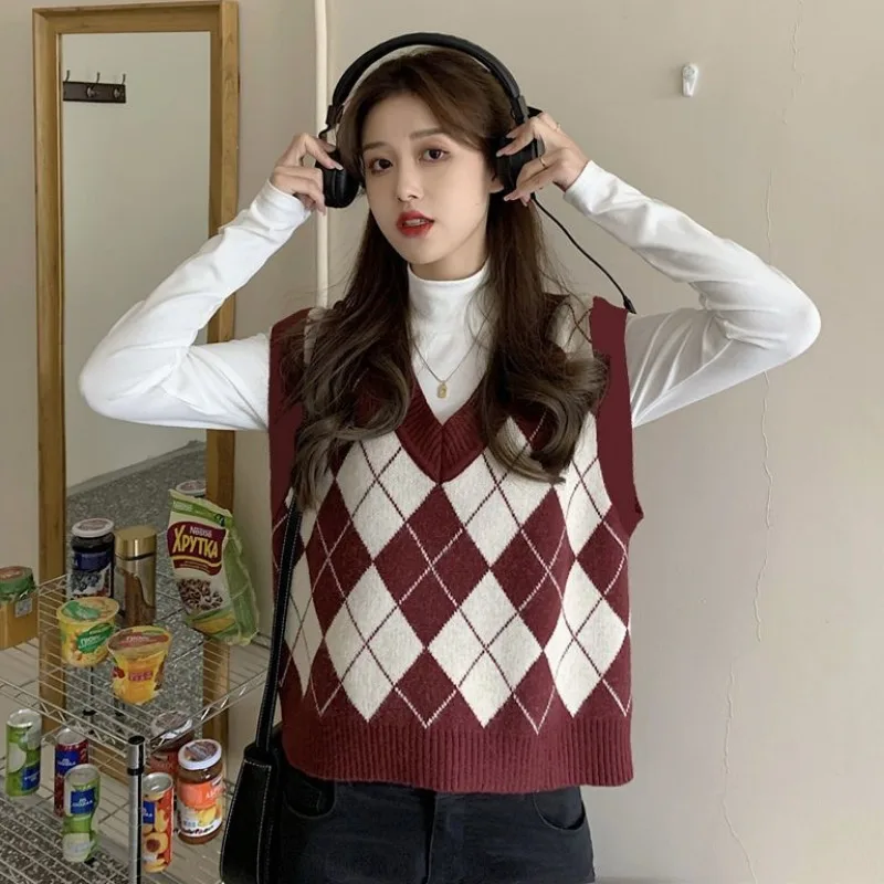 Street Fashion Of Japan - Sweater Vests Women Argyle Harajuku High